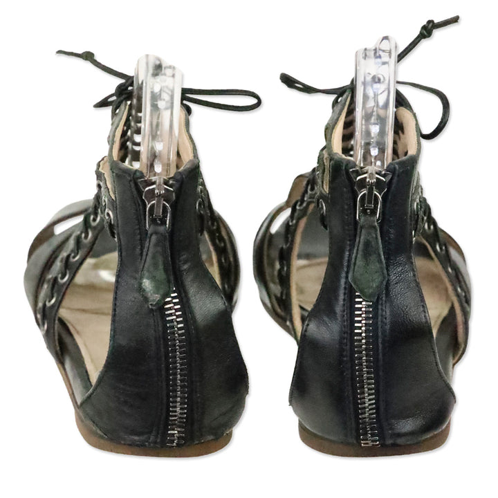 Miu Miu Black Leather Grommet Lace-Up Front Flat Sandals