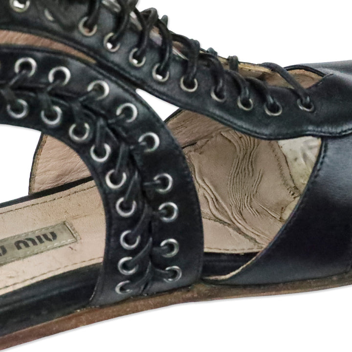 Miu Miu Black Leather Grommet Lace-Up Front Flat Sandals
