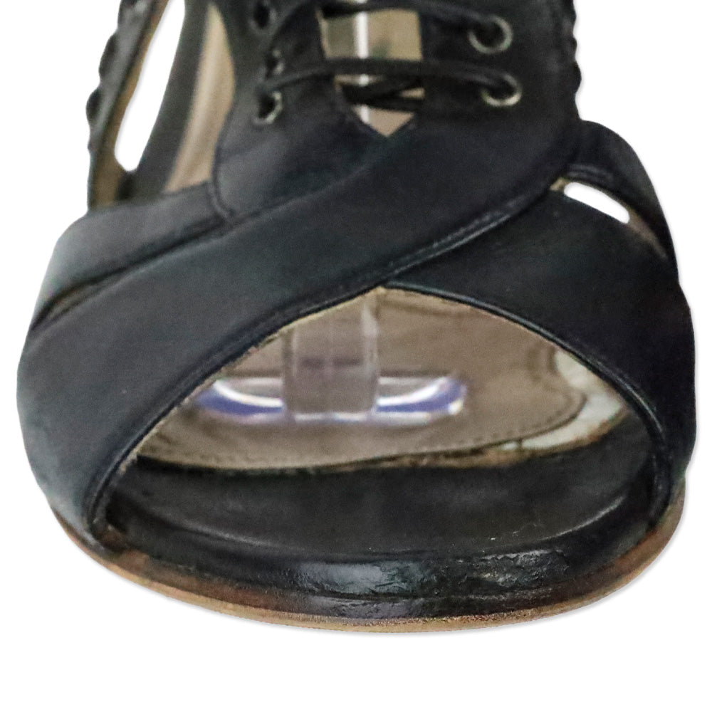 Miu Miu Black Leather Grommet Lace-Up Front Flat Sandals