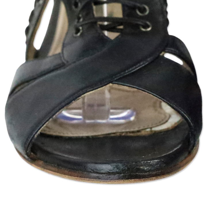 Miu Miu Black Leather Grommet Lace-Up Front Flat Sandals