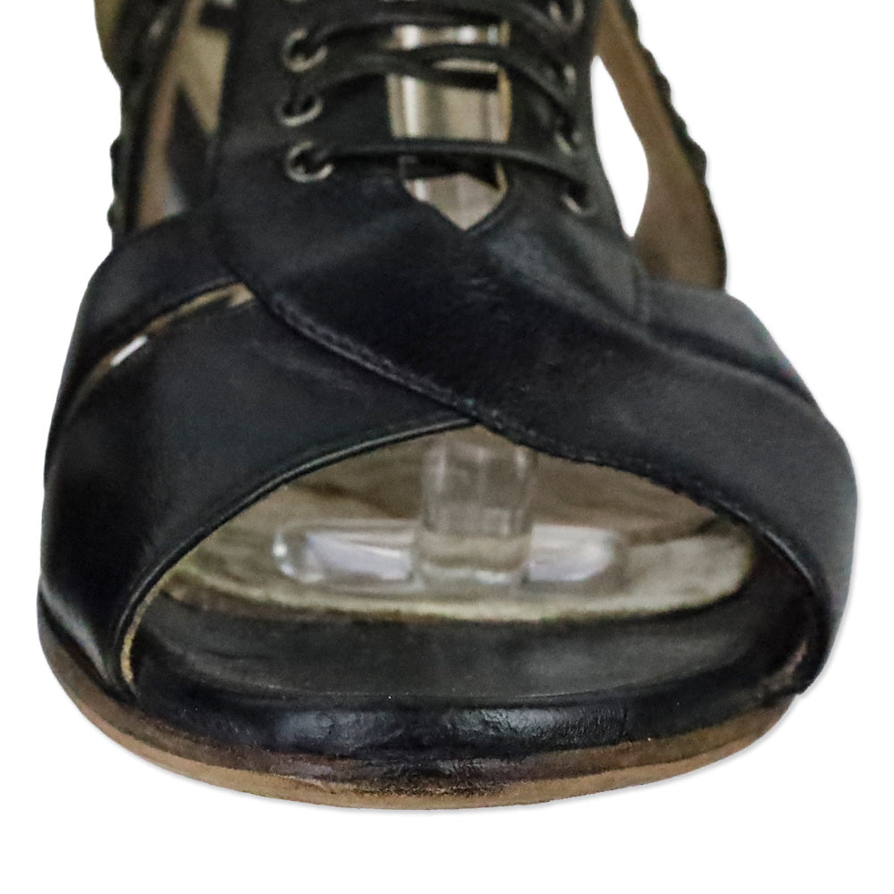 Miu Miu Black Leather Grommet Lace-Up Front Flat Sandals