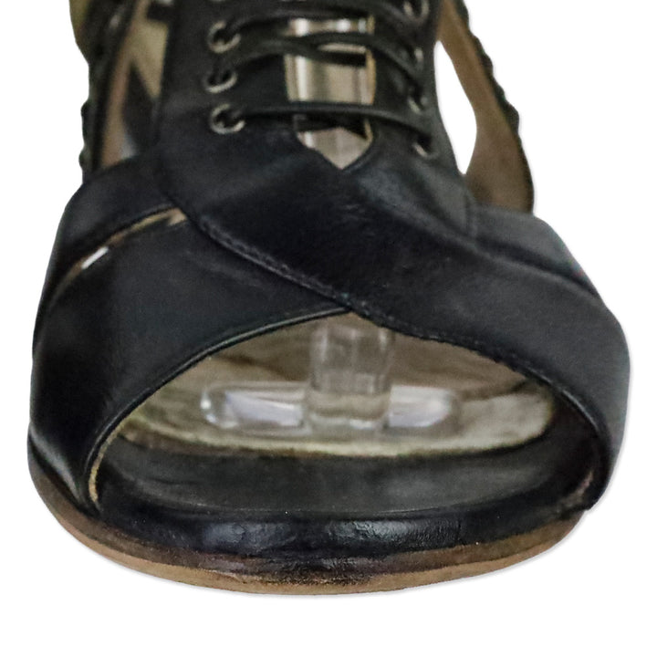 Miu Miu Black Leather Grommet Lace-Up Front Flat Sandals
