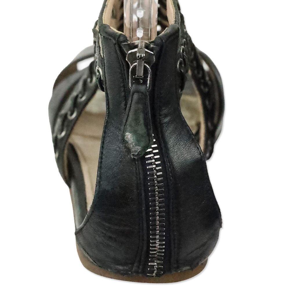 Miu Miu Black Leather Grommet Lace-Up Front Flat Sandals