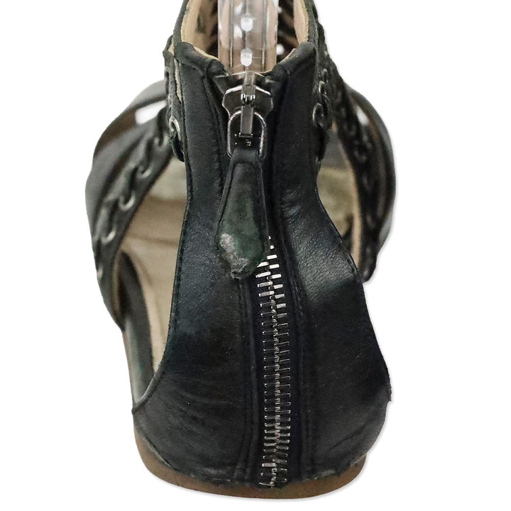 Miu Miu Black Leather Grommet Lace-Up Front Flat Sandals