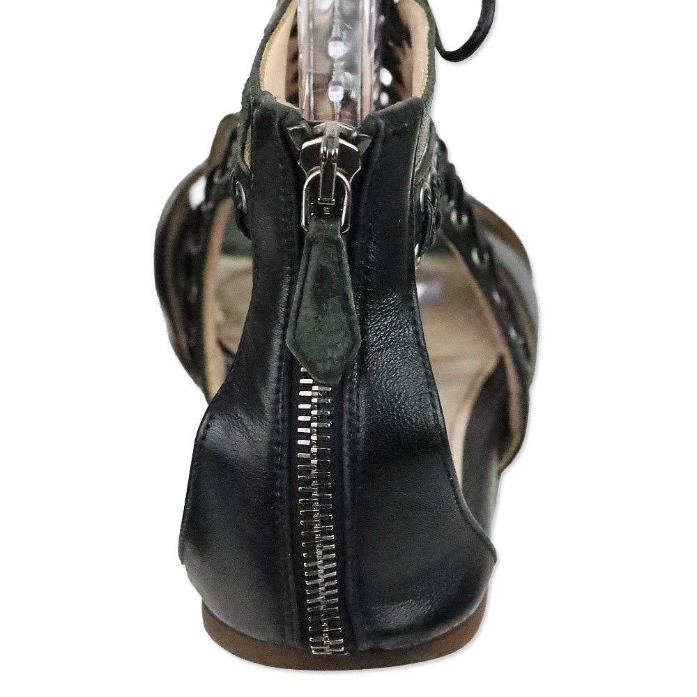 Miu Miu Black Leather Grommet Lace-Up Front Flat Sandals