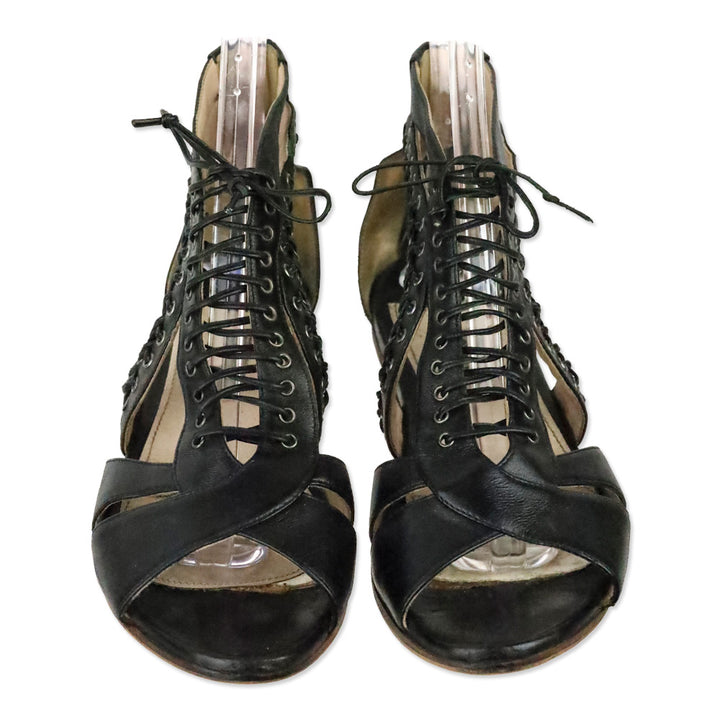 Miu Miu Black Leather Grommet Lace-Up Front Flat Sandals