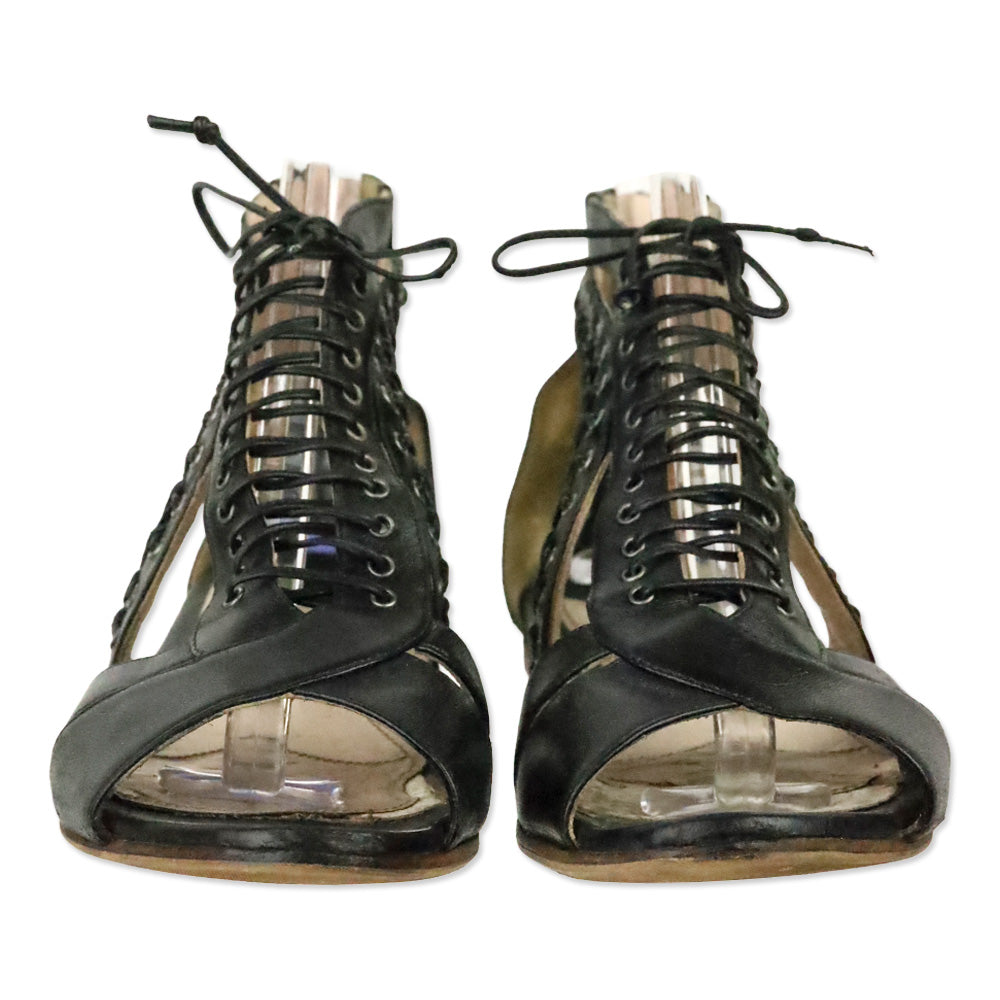 Miu Miu Black Leather Grommet Lace-Up Front Flat Sandals