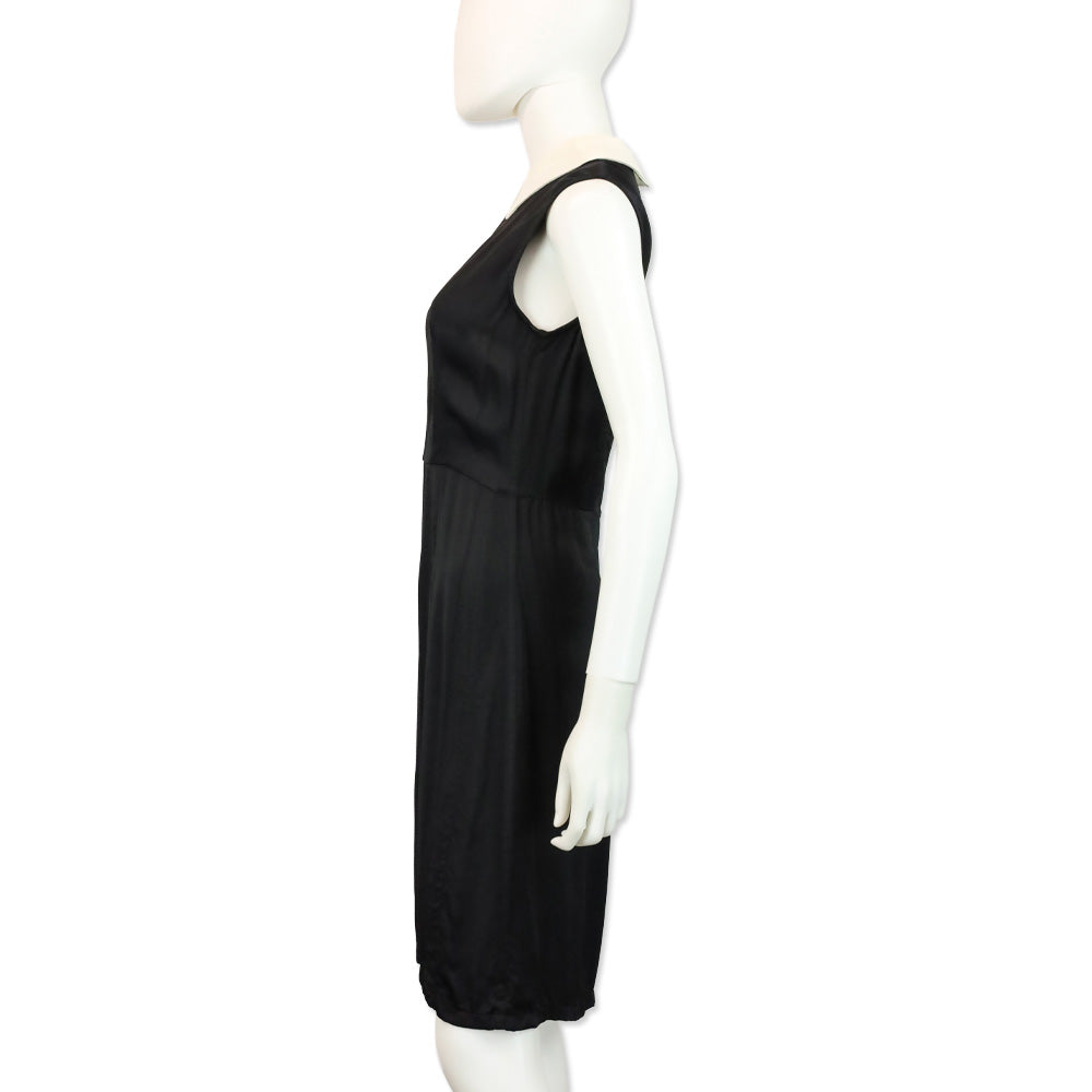 Miu Miu Black Sleeveless White Collar Satin Midi Dress