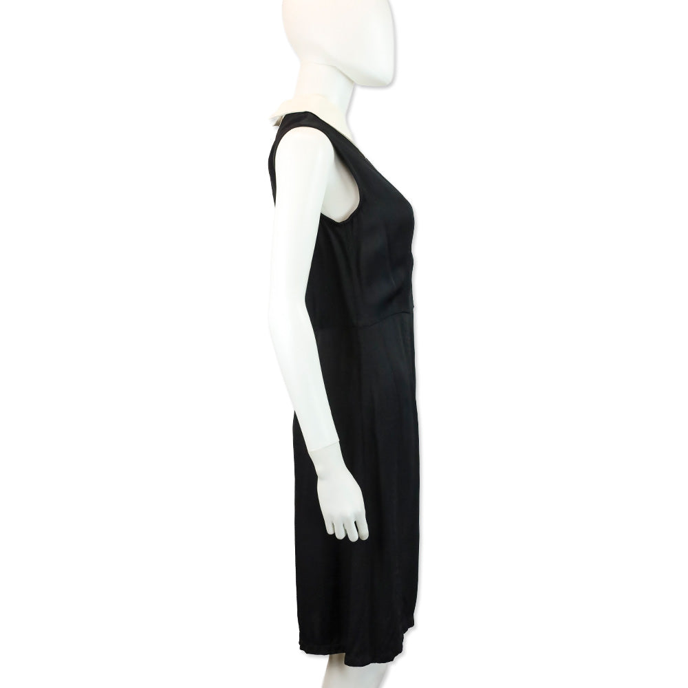 Miu Miu Black Sleeveless White Collar Satin Midi Dress