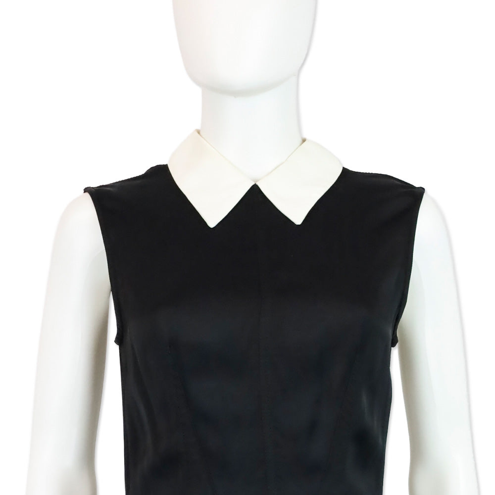 Miu Miu Black Sleeveless White Collar Satin Midi Dress