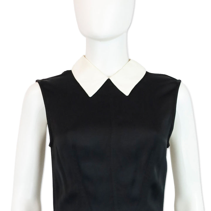 Miu Miu Black Sleeveless White Collar Satin Midi Dress