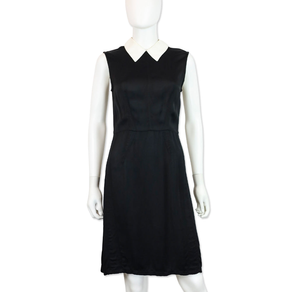 Miu Miu Black Sleeveless White Collar Satin Midi Dress