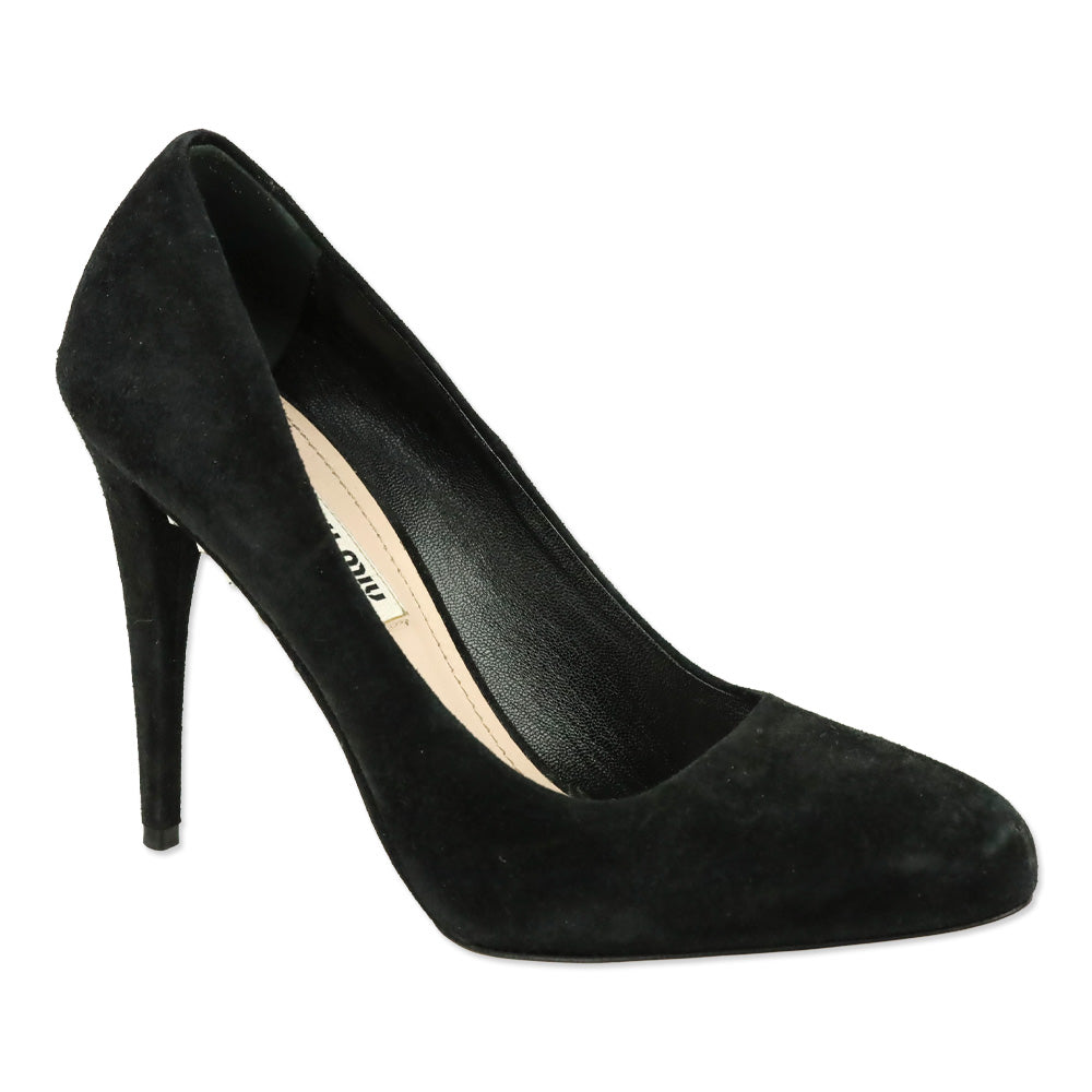 Miu Miu Black Suede Crystal-Accented Arch Pump