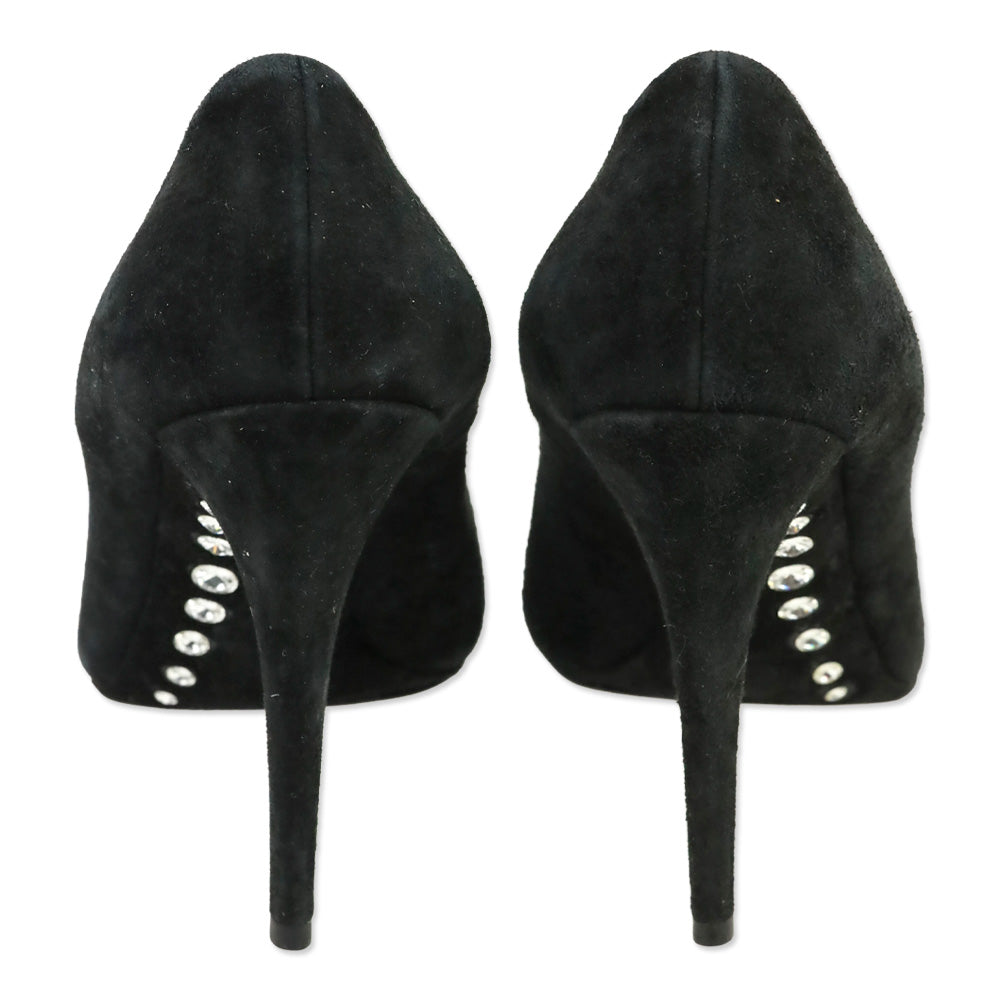 Miu Miu Black Suede Crystal-Accented Arch Pump