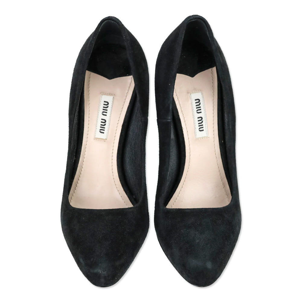 Miu Miu Black Suede Crystal-Accented Arch Pump