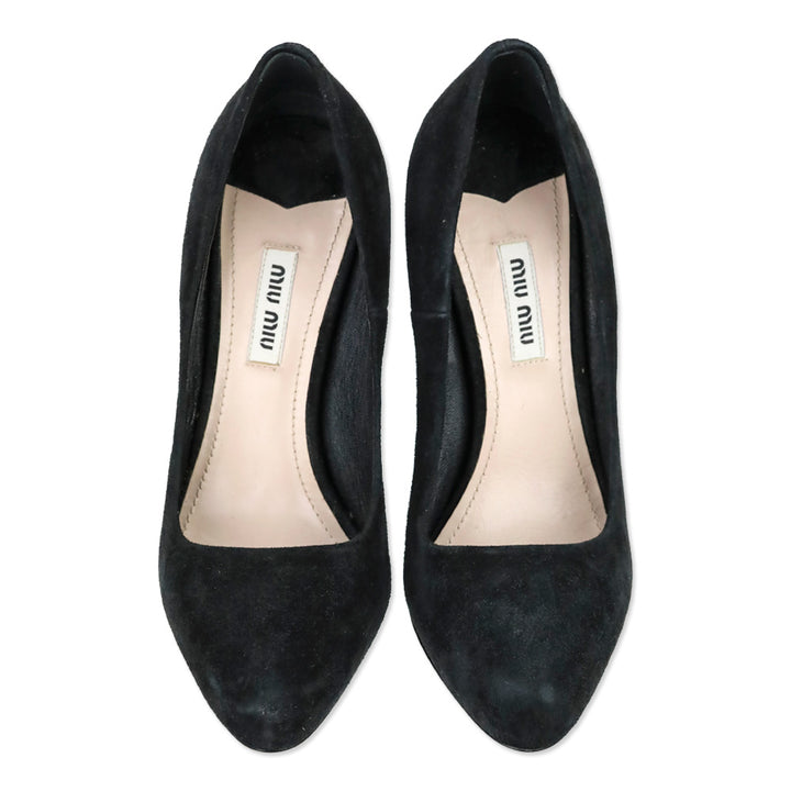 Miu Miu Black Suede Crystal-Accented Arch Pump
