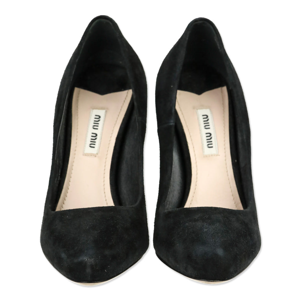 Miu Miu Black Suede Crystal-Accented Arch Pump
