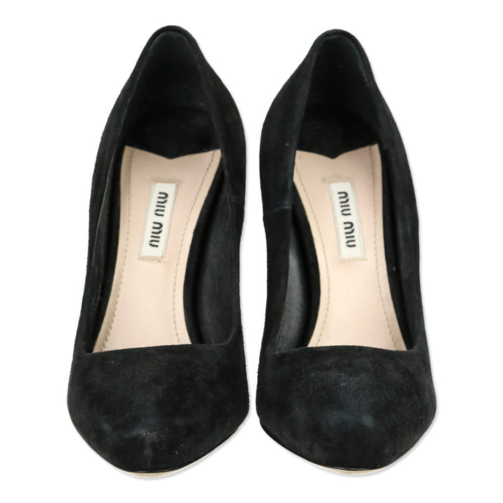 Miu Miu Black Suede Crystal-Accented Arch Pump