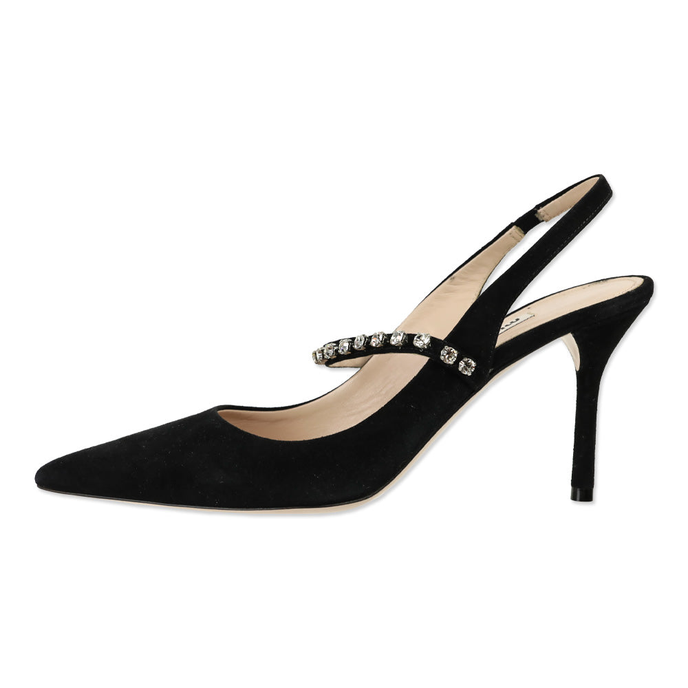Miu Miu Black Suede Crystal-Embellished Strap Slingback Heels