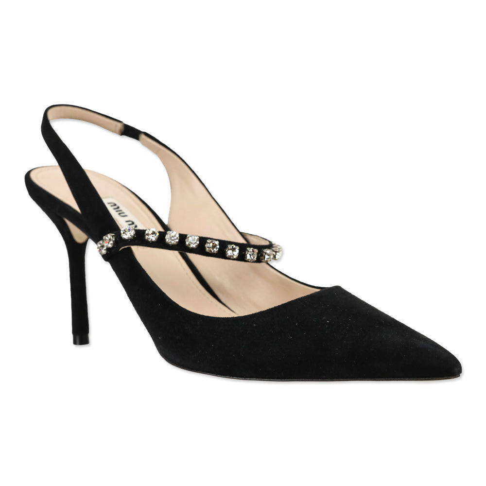 Miu Miu Black Suede Crystal-Embellished Strap Slingback Heels
