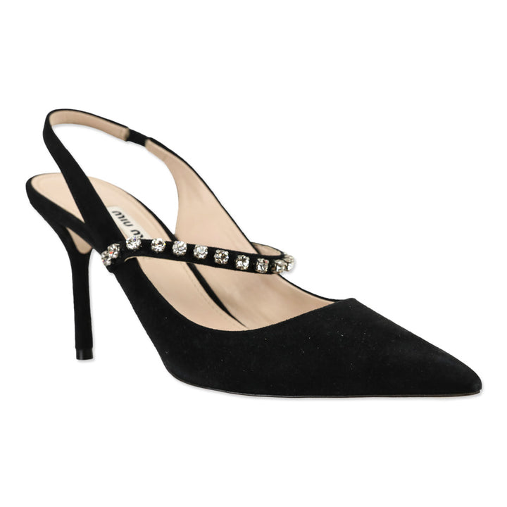 Miu Miu Black Suede Crystal-Embellished Strap Slingback Heels