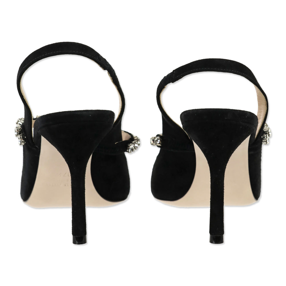 Miu Miu Black Suede Crystal-Embellished Strap Slingback Heels
