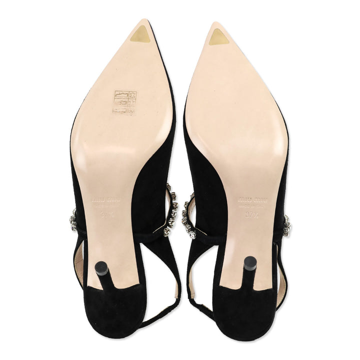 Miu Miu Black Suede Crystal-Embellished Strap Slingback Heels