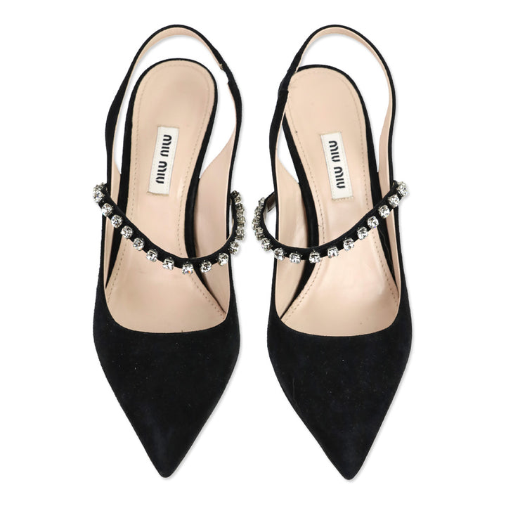 Miu Miu Black Suede Crystal-Embellished Strap Slingback Heels