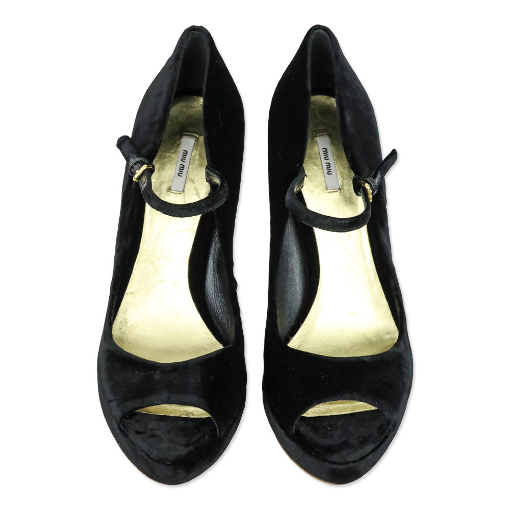Miu Miu Black Velvet Mary Jane Platform Peep Pump