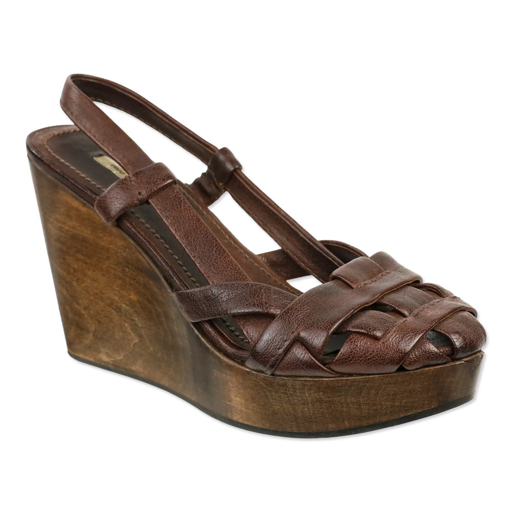 Miu Miu Brown Leather Wood Wedge Clog Fisherman Sandal