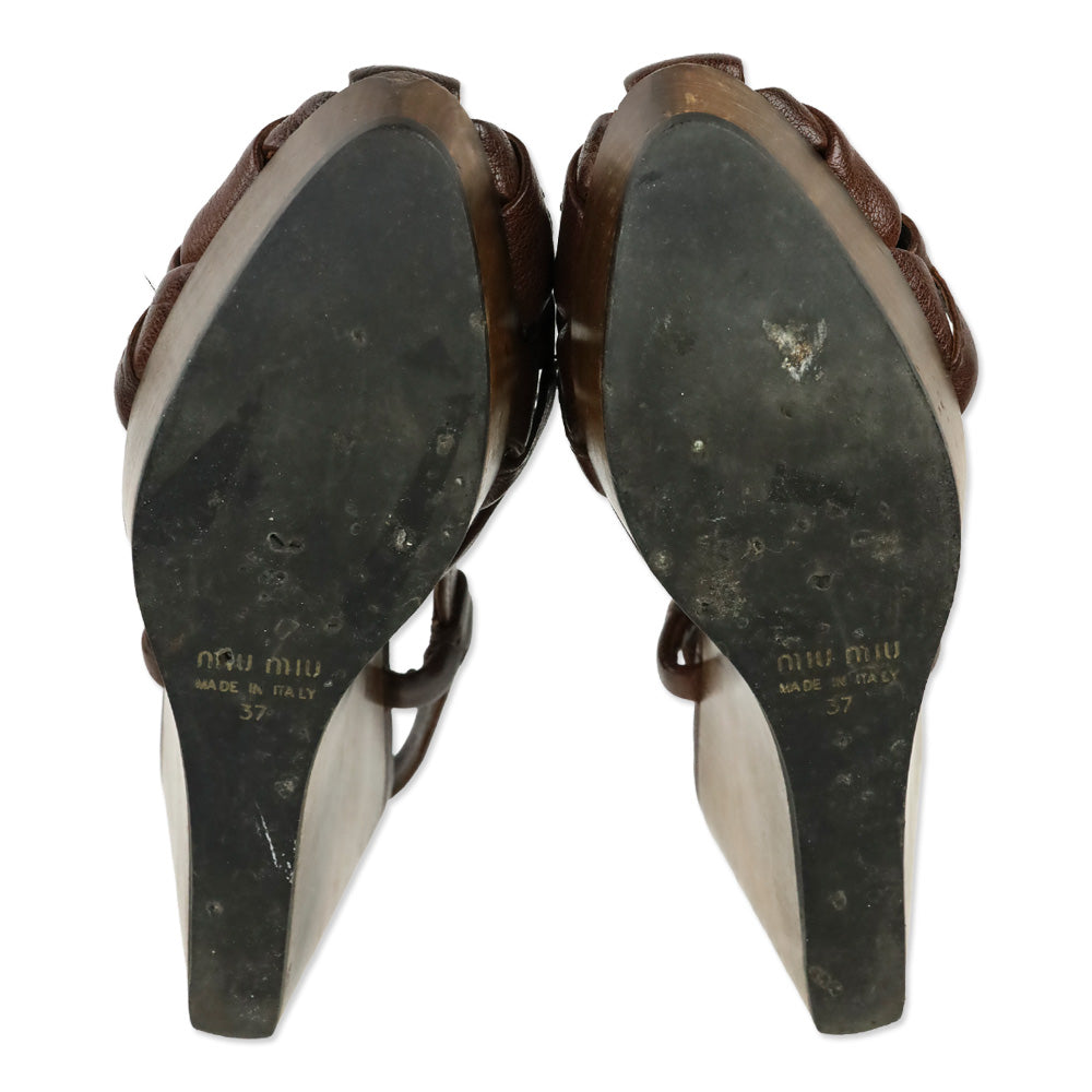 Miu Miu Brown Leather Wood Wedge Clog Fisherman Sandal