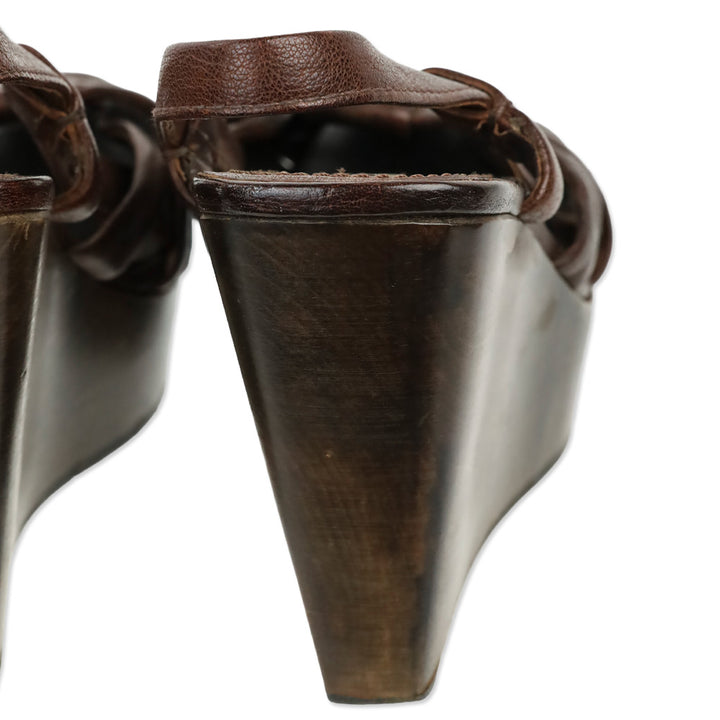 Miu Miu Brown Leather Wood Wedge Clog Fisherman Sandal