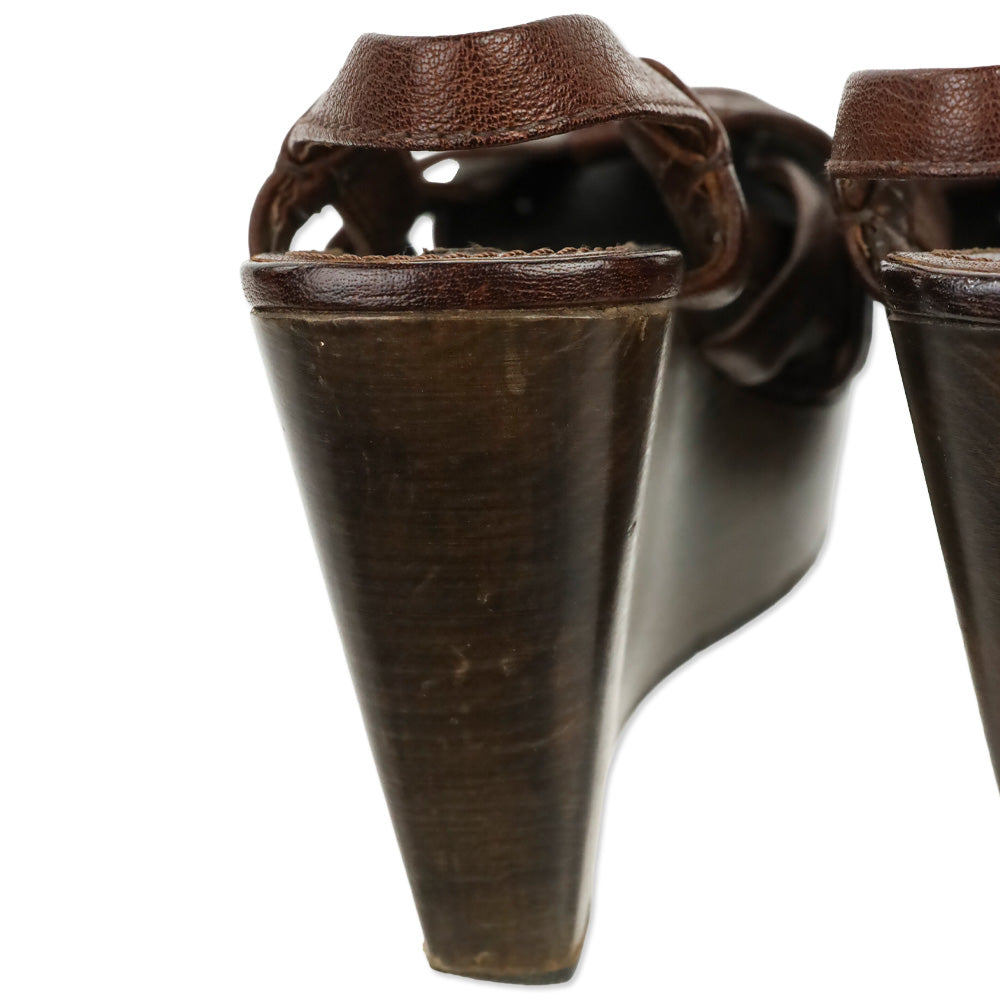 Miu Miu Brown Leather Wood Wedge Clog Fisherman Sandal