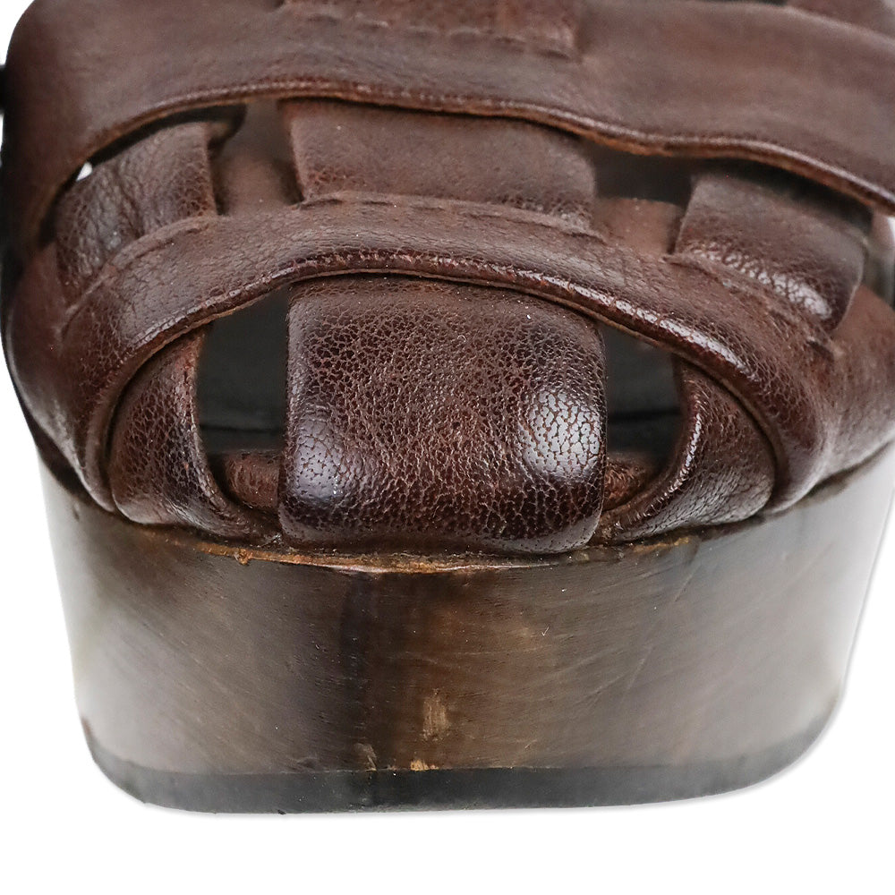 Miu Miu Brown Leather Wood Wedge Clog Fisherman Sandal