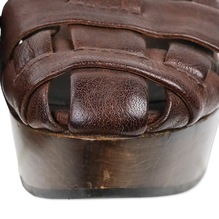 Miu Miu Brown Leather Wood Wedge Clog Fisherman Sandal