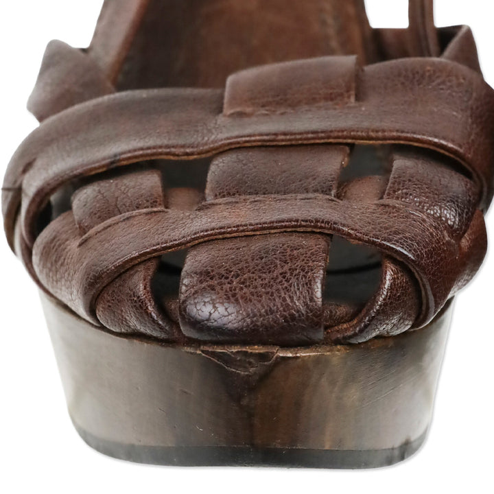 Miu Miu Brown Leather Wood Wedge Clog Fisherman Sandal