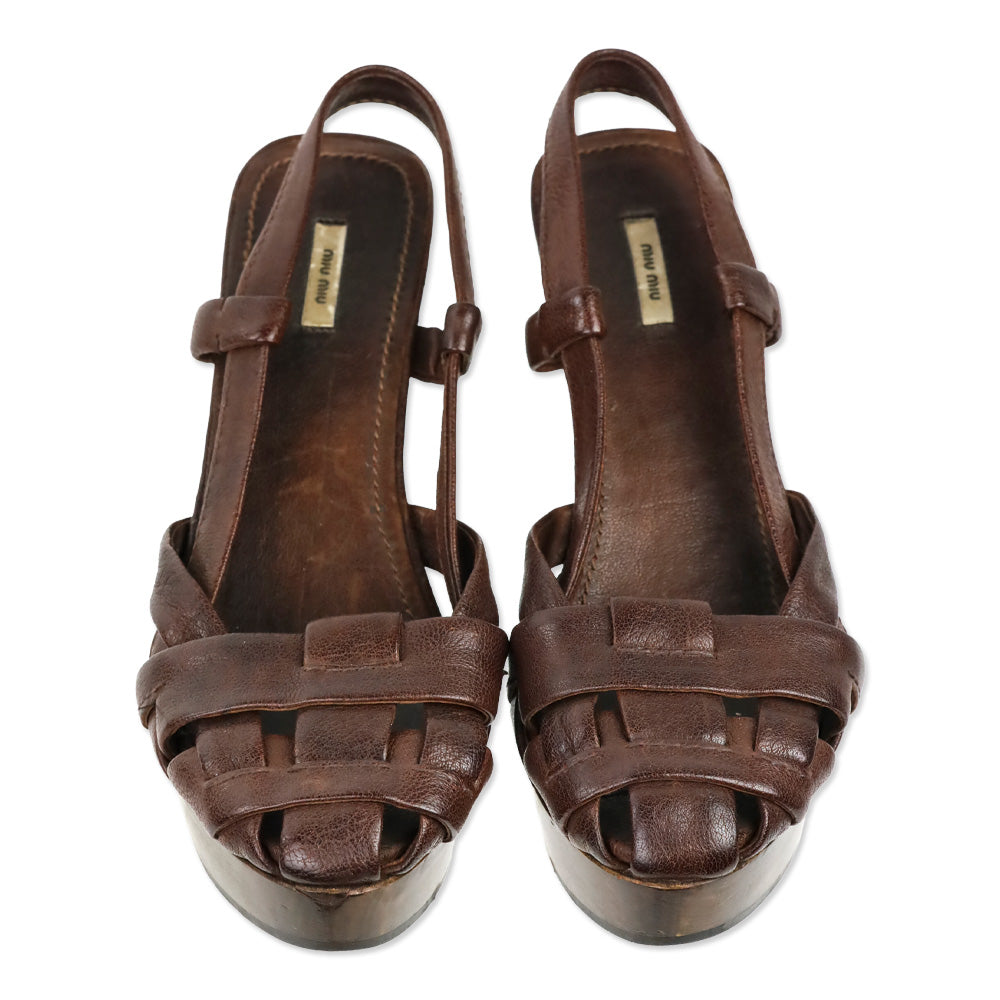 Miu Miu Brown Leather Wood Wedge Clog Fisherman Sandal