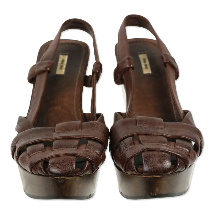 Miu Miu Brown Leather Wood Wedge Clog Fisherman Sandal
