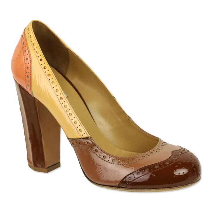 Miu Miu Brown Multi Colorblock Patent Leather Wingtip Pumps