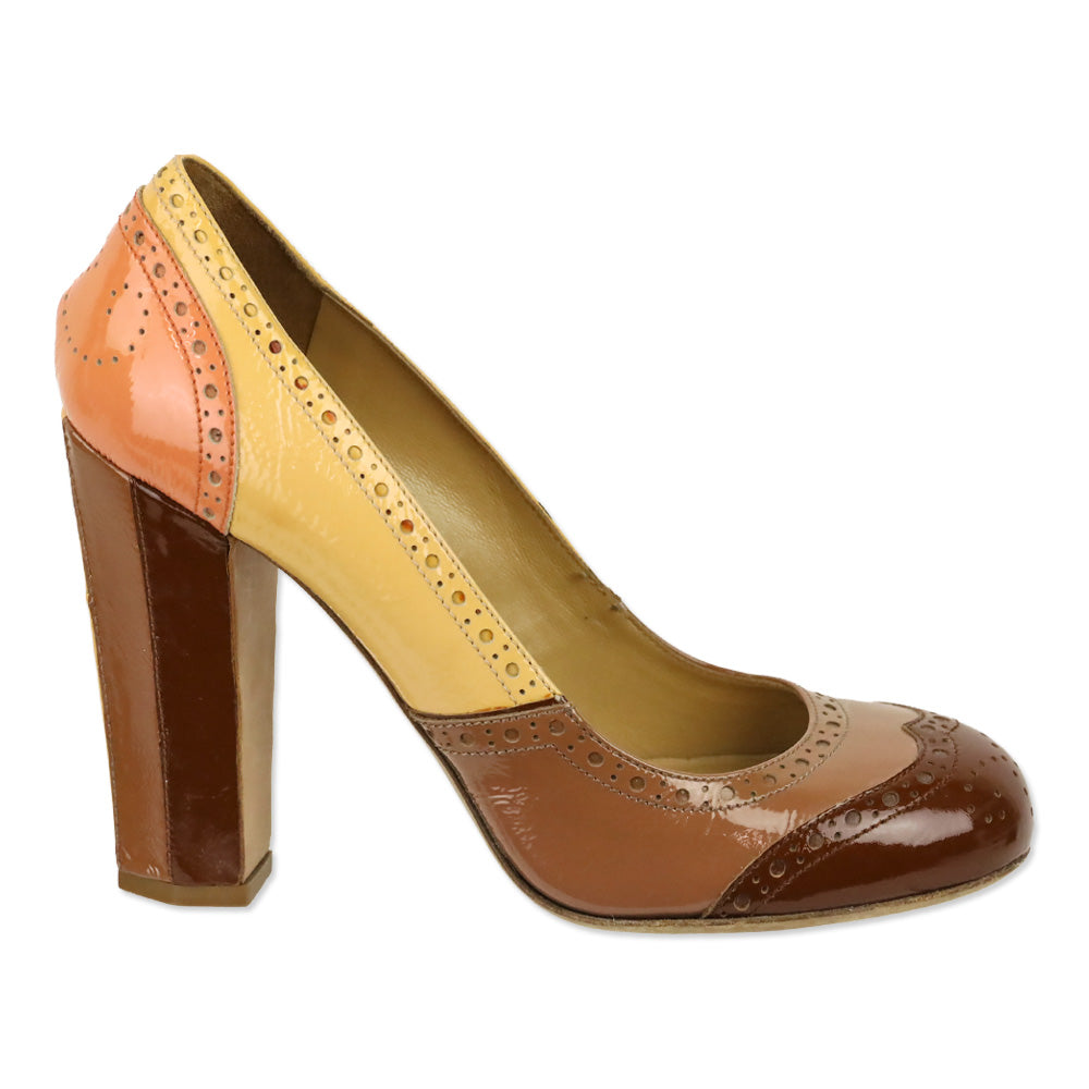 Miu Miu Brown Multi Colorblock Patent Leather Wingtip Pumps