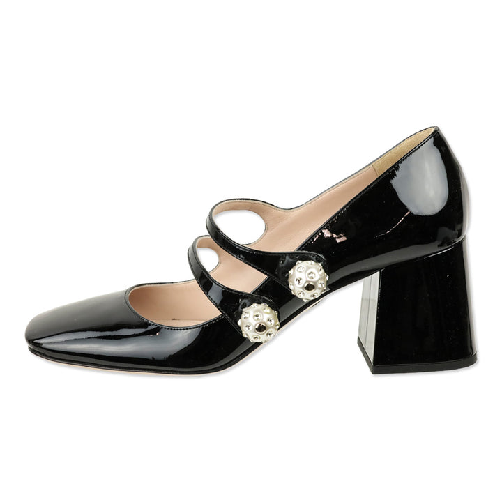Miu Miu Faux-pearl And Crystal-embellished Black Patent Leather Mary Jane Pumps