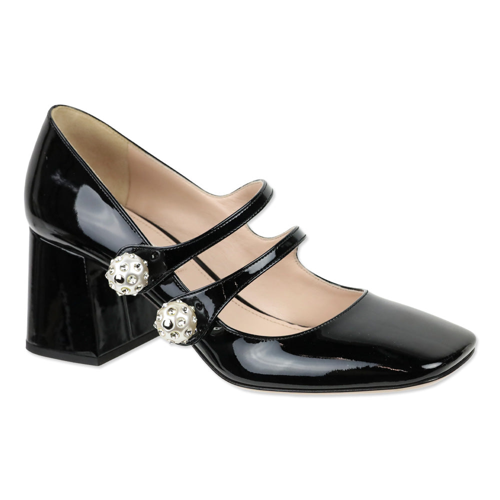 Miu Miu Faux-pearl And Crystal-embellished Black Patent Leather Mary Jane Pumps
