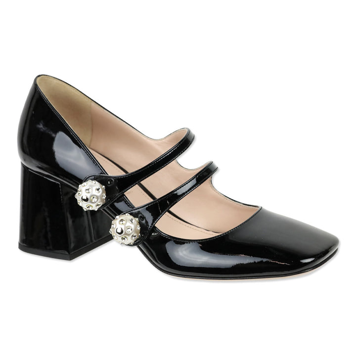 Miu Miu Faux-pearl And Crystal-embellished Black Patent Leather Mary Jane Pumps