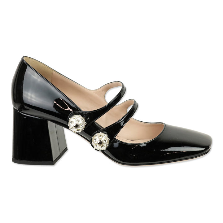 Miu Miu Faux-pearl And Crystal-embellished Black Patent Leather Mary Jane Pumps