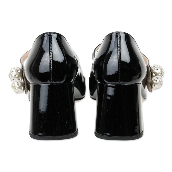 Miu Miu Faux-pearl And Crystal-embellished Black Patent Leather Mary Jane Pumps