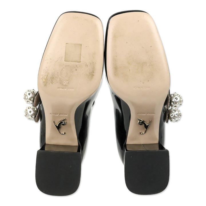 Miu Miu Faux-pearl And Crystal-embellished Black Patent Leather Mary Jane Pumps