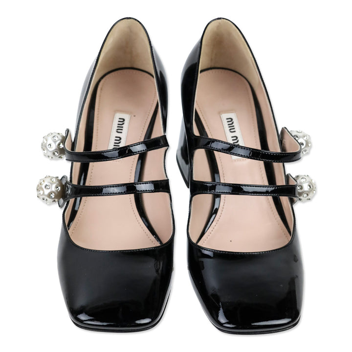 Miu Miu Faux-pearl And Crystal-embellished Black Patent Leather Mary Jane Pumps