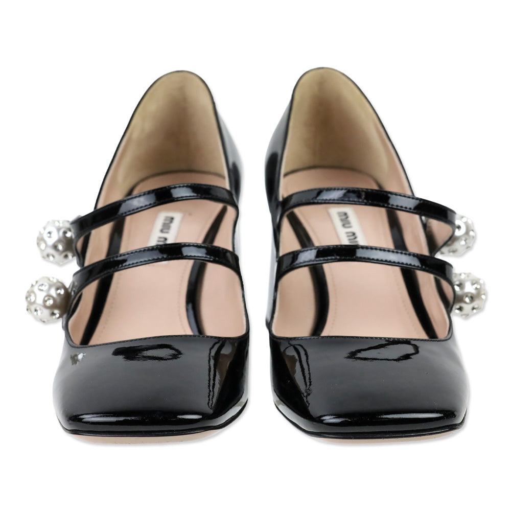 Miu Miu Faux-pearl And Crystal-embellished Black Patent Leather Mary Jane Pumps