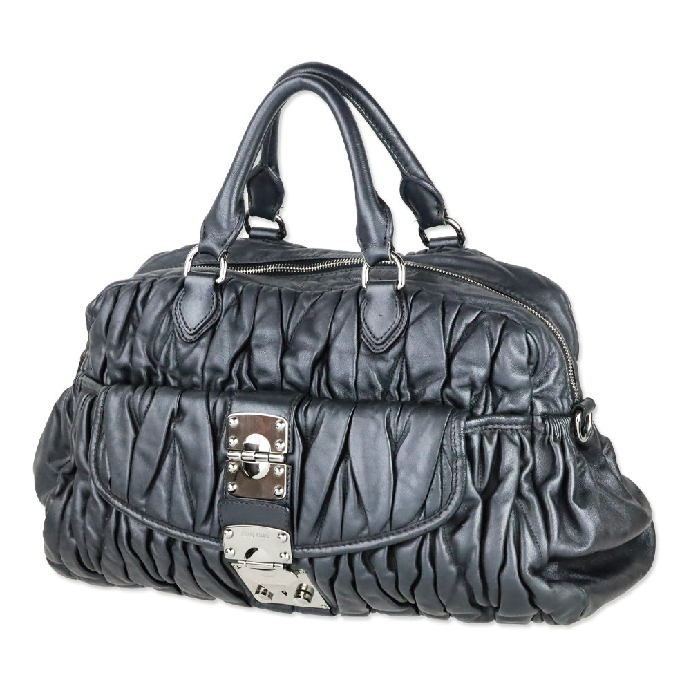 Miu Miu Graphite Matelassé Leather Lock Tote