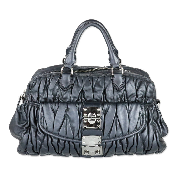Miu Miu Graphite Matelassé Leather Lock Tote